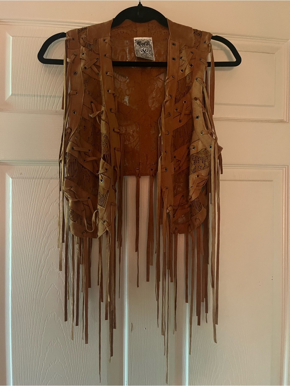 Vocal Brown Lace and Suede Fringe Vest